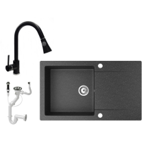  Gránit mosogató NERO Gold + kihúzható zuhanyfejes Snake csaptelep + dugókiemelő (fekete) csaptelep