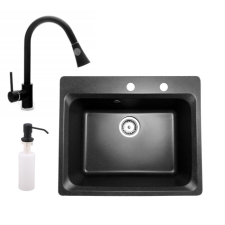  Gránit mosogató NERO Italia + kihúzható Snake csaptelep + adagoló (Fekete) csaptelep