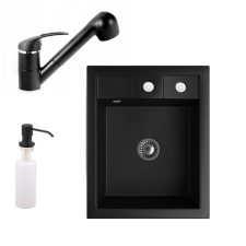 Gránit Mosogató NERO Parma + kihúzható zuhanyfejes Shower csaptelep + adagoló + szifon (matt fekete) csaptelep