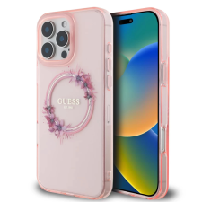 Guess Flowers Ring Glossy Logo MagSafe hátlaptok iPhone 16 Pro rózsaszín-virágos tok és táska
