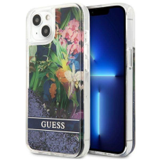 Guess GUHCP13MLFLSB iPhone 13 6,1" kék virág folyékony csillogó kristályos keménytok tok és táska