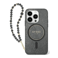 Guess IML Glitter iPhone 16 MagSafe kemény hátlap tok karpánttal, fekete GUHMP16SHGCRELSK tok és táska