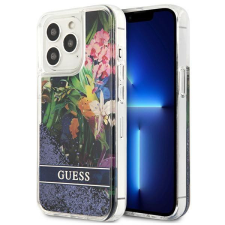 Guess iPhone 13 Pro Guess Liquid Glitter Flower csillámos tok kék tok és táska