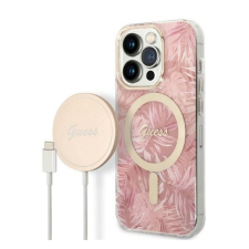 Guess Jungle MagSafe Apple iPhone 14 Pro hátlap tok, pink + MagSafe töltő tok és táska