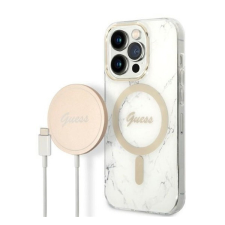 Guess Marble MagSafe Apple iPhone 14 Pro Max hátlap tok, fehér + MagSafe töltő tok és táska
