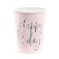 Gyertya &amp; Decor Papír pohár Happy B&#039;day csillámos feliratú púder rózsaszín party kellék
