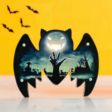 Halloween dekoráció, LED, fa, kék/fekete, 18 x 23,5 cm dekoráció