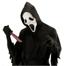 Halloween kétélű véres műanyag kés folyékony vérrel jelmez