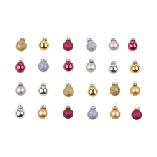 HANG ON üveg karácsonyfadísz, 24 darabos mini gömbdísz szett, piros-ezüst-arany karácsonyfadísz