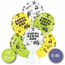 "Happy Birthday!" feliratú gamer zöld-sárga-fehér party lufi 6db party kellék