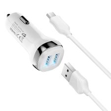 Hoco autós töltő 2x USB A + kábel USB A-Micro 2,4A Z40 fehér kábel és adapter