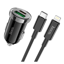 Hoco Z44 autós töltő USB / Type-C aljzat (5V / 3000 mA, PD gyorstöltés tám. + Type-C - lightning 8pin kábel) FEKETE Apple IPAD 2, Apple iPhone 5, Apple iPhone 5S, Apple iPhone 5C, Apple IPAD mi tablet kellék