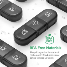  Hordozható fekete műanyag gyógyszeres doboz utazáshoz és napi gyógyszeradagoláshoz gyógyászati segédeszköz