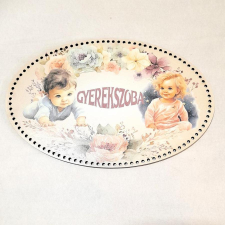  Horgolható színes ovális tábla 'Gyerekszoba' felirattal, két kisgyerekkel. dekorációs kellék