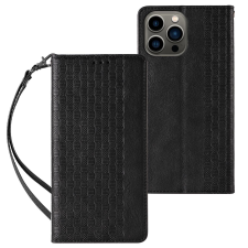 Hurtel Mágneses pántos tok iPhone 12 Pro tok pénztárca + mini nyaklánc medál fekete tok és táska
