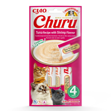 Inaba Cat Ciao Churu krémes macskaeledel - tonhal & garnélarák 4 x 14 g jutalomfalat macskáknak