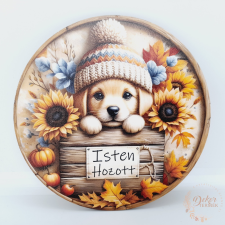 Isten hozott - napraforgók kutyussal dekorációs kellék