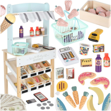 JM LULILO Melo fából készült piaci stand játékszett pénztárgéppel, kiegészítőkkel konyhakészlet