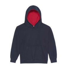 Just Hoods Gyerek kapucnis pulóver kontrasztos színű kapucni béléssel AWJH003J, New French Navy/Fire Red-3/4