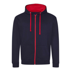 Just Hoods Uniszex pulóver kontrasztos színű cipzárral kapucnival AWJH053, New French Navy/Fire Red-S