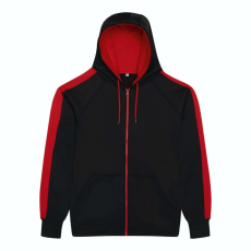 Just Hoods Uniszex sport kapucnis cipzáros pulóver kontrasztos betéttel AWJH066, Jet Black/Fire Red-L