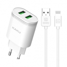 Kaku Charger hálózati töltő 2x USB 12W 2.4A + Lightning kábel 1m, fehér mobiltelefon kellék