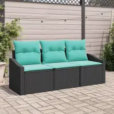  Kanapé Szett párnával 3 pcs Fekete polirattan kerti bútor