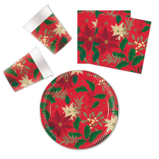 Karácsony Holly Poinsettia, Karácsony party szett 36 db-os 23 cm-es tányérral party kellék