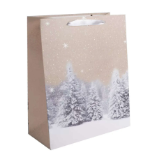Karácsonyi ajándéktáska 32x26x12cm, nagy, glitteres, havas fenyők ajándéktasak