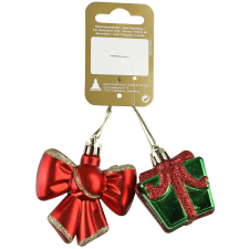  Karácsonyi dekor ajándék és masni dísz műanyagból piros-zöld 2 db karácsonyfadísz