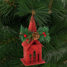 Karácsonyi glitteres templom akasztóval (16 × 6,5 cm) - - Piros karácsonyi dekoráció