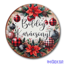 Karácsonyi kör tábla 13cm - Díszgömbös virágos - Boldog Karácsonyt dekorációs kellék
