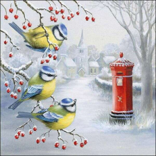 Karácsonyi / téli madaras szalvéta - Waiting for mail - postaládás papírárú, csomagoló és tárolóeszköz
