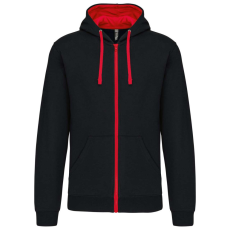 KARIBAN Férfi cipzáras pulóver kontrasztos bélésű kapucnival, Kariban KA466, Black/Red-3XL