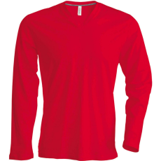 KARIBAN Férfi hosszú ujjú V-nyakú pamut póló, Kariban KA358, Red-XL