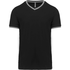 KARIBAN Férfi V-nyakú piké póló, kontrasztos szélekkel, Kariban KA374, Black/Light Grey/White-2XL