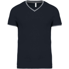 KARIBAN Férfi V-nyakú piké póló, kontrasztos szélekkel, Kariban KA374, Navy/Light Grey/White-M