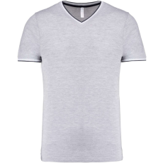 KARIBAN Férfi V-nyakú piké póló, kontrasztos szélekkel, Kariban KA374, Oxford Grey/Navy/White-3XL