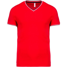 KARIBAN Férfi V-nyakú piké póló, kontrasztos szélekkel, Kariban KA374, Red/Navy/White-S