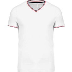 KARIBAN Férfi V-nyakú piké póló, kontrasztos szélekkel, Kariban KA374, White/Navy/Red-L