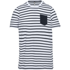 KARIBAN Gyermek matrózcsíkos pamut póló zsebbel, Kariban KA379, Striped White/Navy-6/8