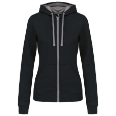 KARIBAN Női cipzáras pulóver kontrasztos bélésű kapucnival, Kariban KA467, Black/Fine Grey-XL
