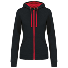 KARIBAN Női cipzáras pulóver kontrasztos bélésű kapucnival, Kariban KA467, Black/Red-S