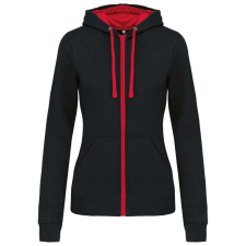 KARIBAN Női cipzáras pulóver kontrasztos bélésű kapucnival, Kariban KA467, Black/Red-XS női pulóver, kardigán