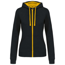 KARIBAN Női cipzáras pulóver kontrasztos bélésű kapucnival, Kariban KA467, Black/Yellow-M