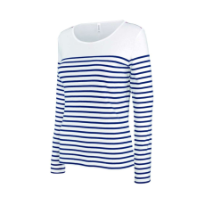 KARIBAN Női hosszú ujjú, csíkos pamut póló, Kariban KA386, Striped White/Navy-L