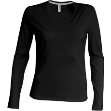 KARIBAN Női hosszú ujjú V-nyakú pamut póló, Kariban KA382, Black-S