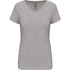 KARIBAN Női rövid ujjú V-nyakú sztreccs póló, Kariban KA3015, Light Grey Heather-2XL