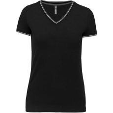 KARIBAN Női V-nyakú piké póló, csíkos szélekkel, Kariban KA394, Black/Light Grey/White-XL