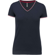 KARIBAN Női V-nyakú piké póló, csíkos szélekkel, Kariban KA394, Navy/Red/White-2XL